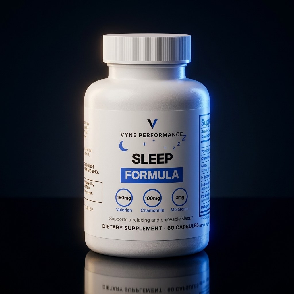 Vyne Performance Sleep Formula bottle, premium studio product photo
