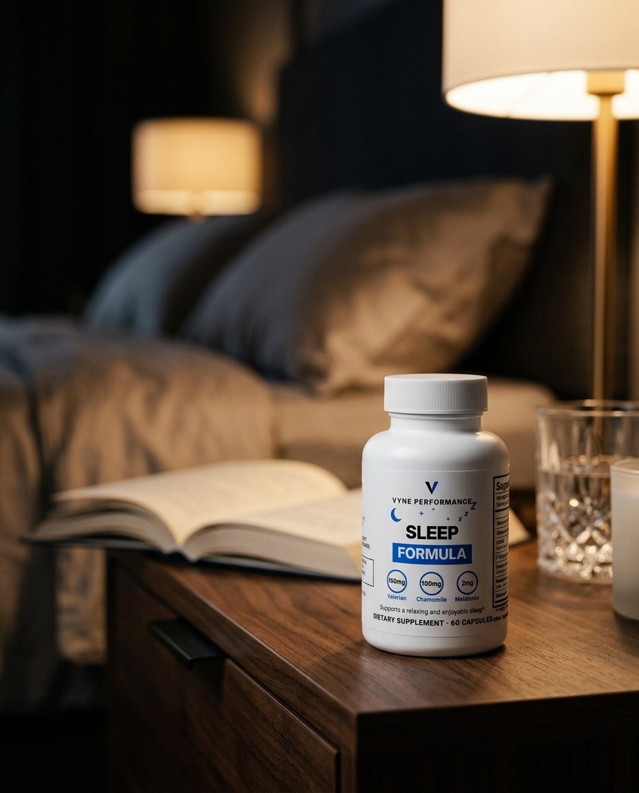 Vyne Sleep Formula on a bedside nightstand at night