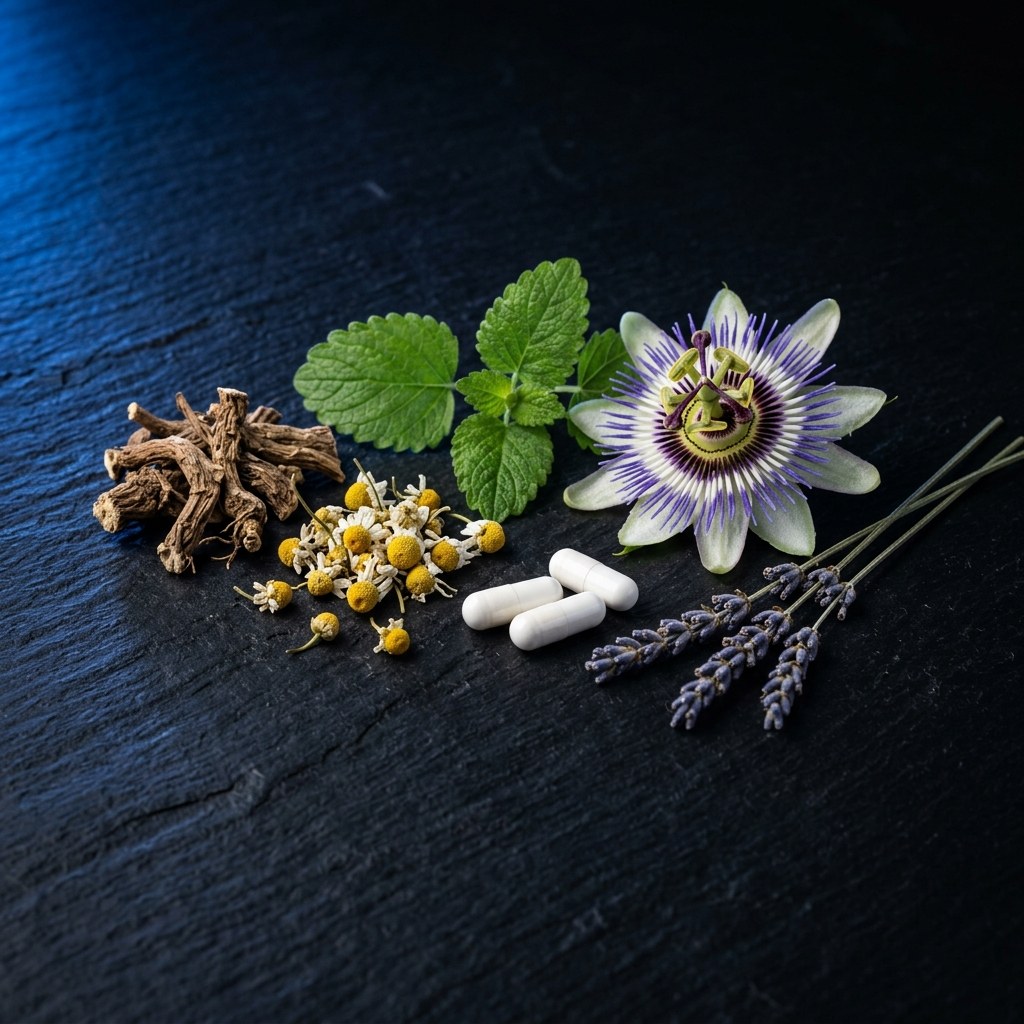 Sleep Formula botanical ingredients: valerian, chamomile, lemon balm, passion flower, lavender