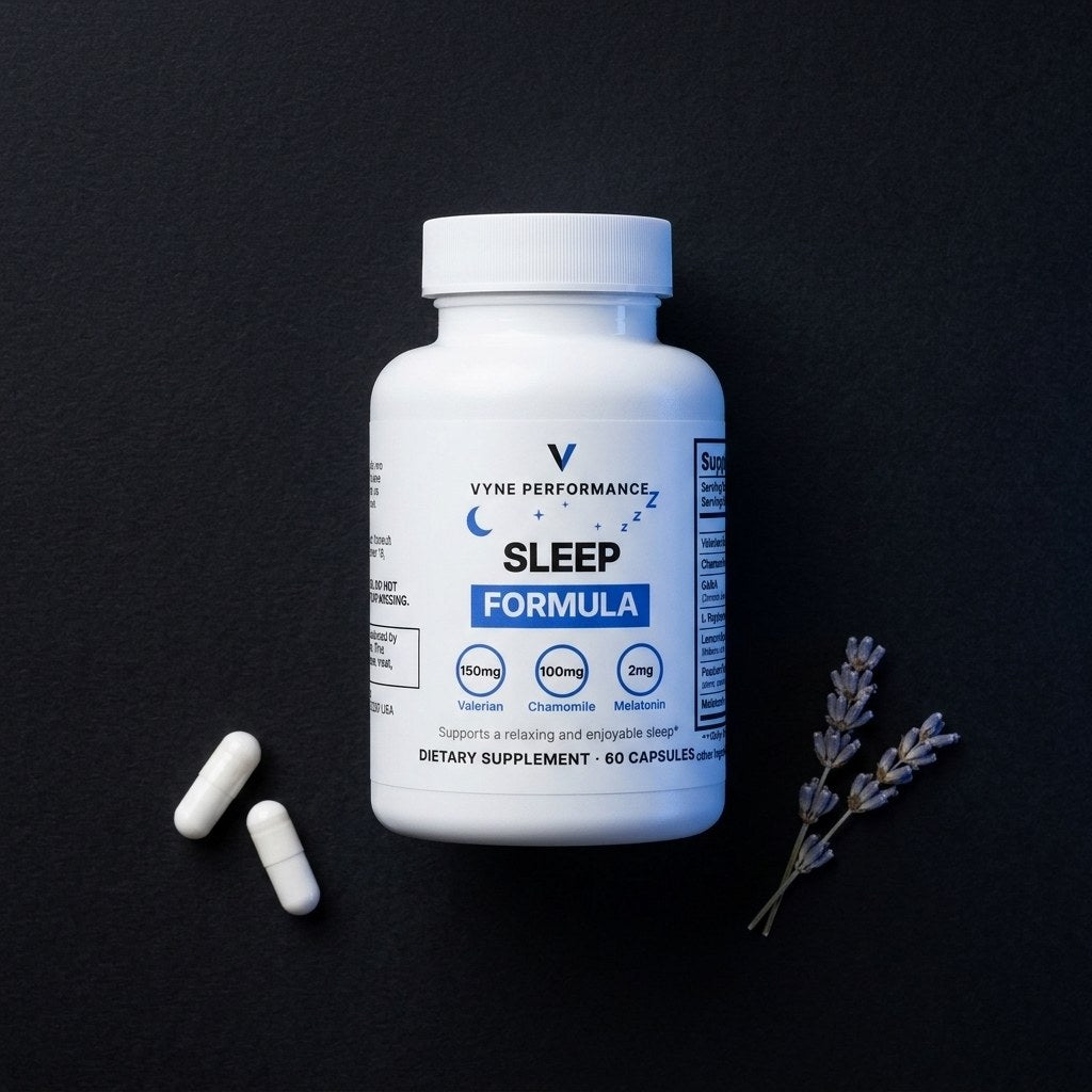 Vyne Sleep Formula flat lay with capsules and lavender