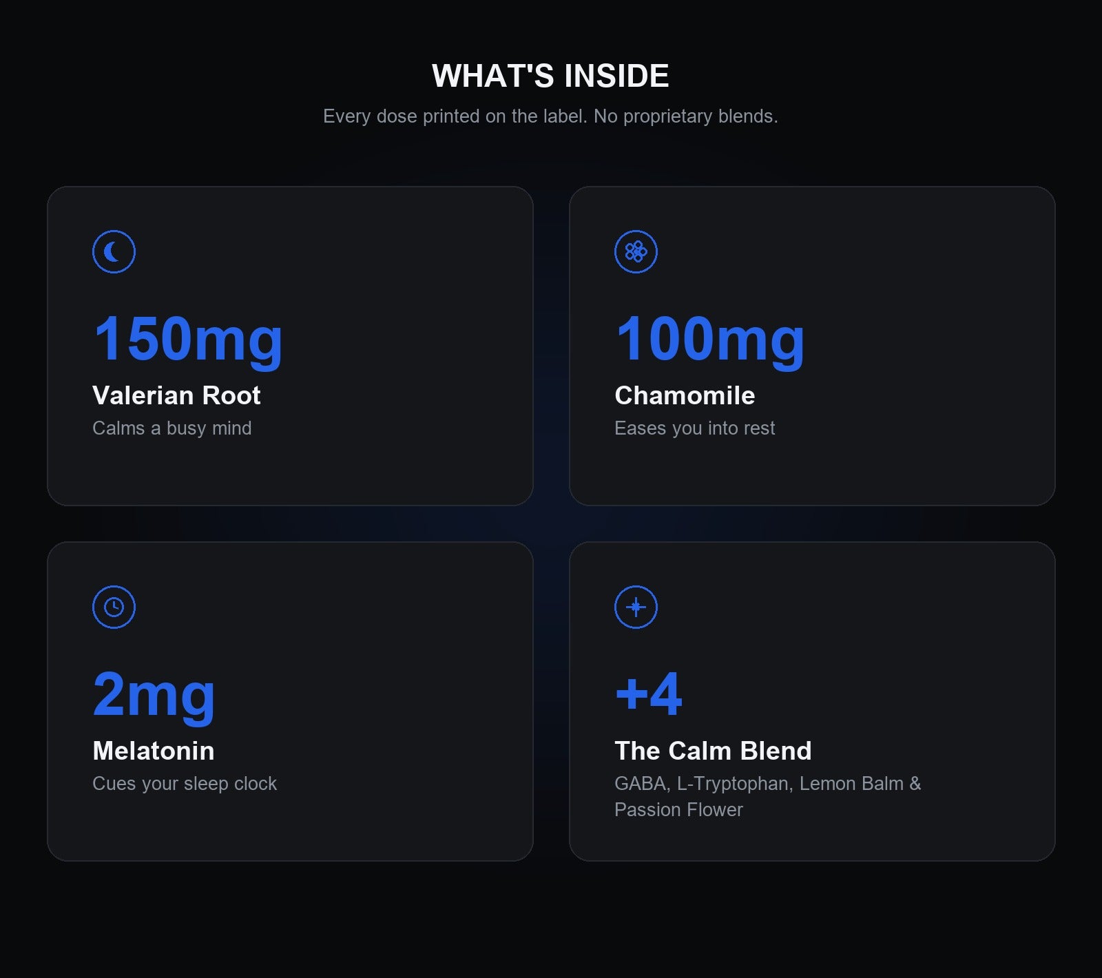 Sleep Formula ingredients and doses: 150mg Valerian, 100mg Chamomile, 2mg Melatonin