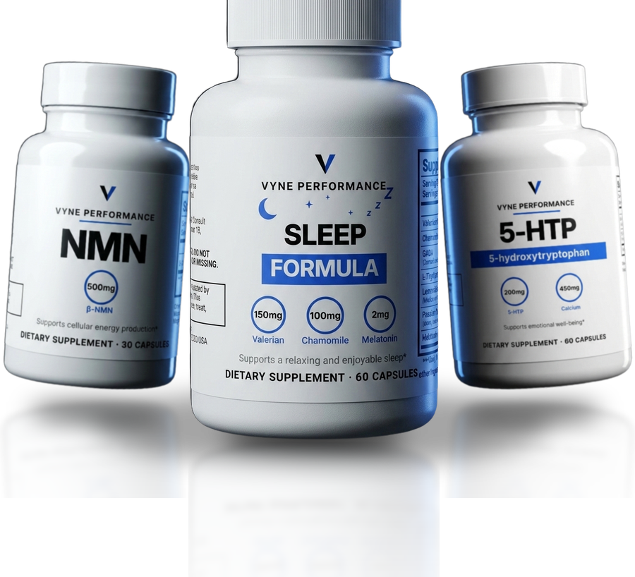 Vyne Performance Sleep Formula, NMN and 5-HTP bottles